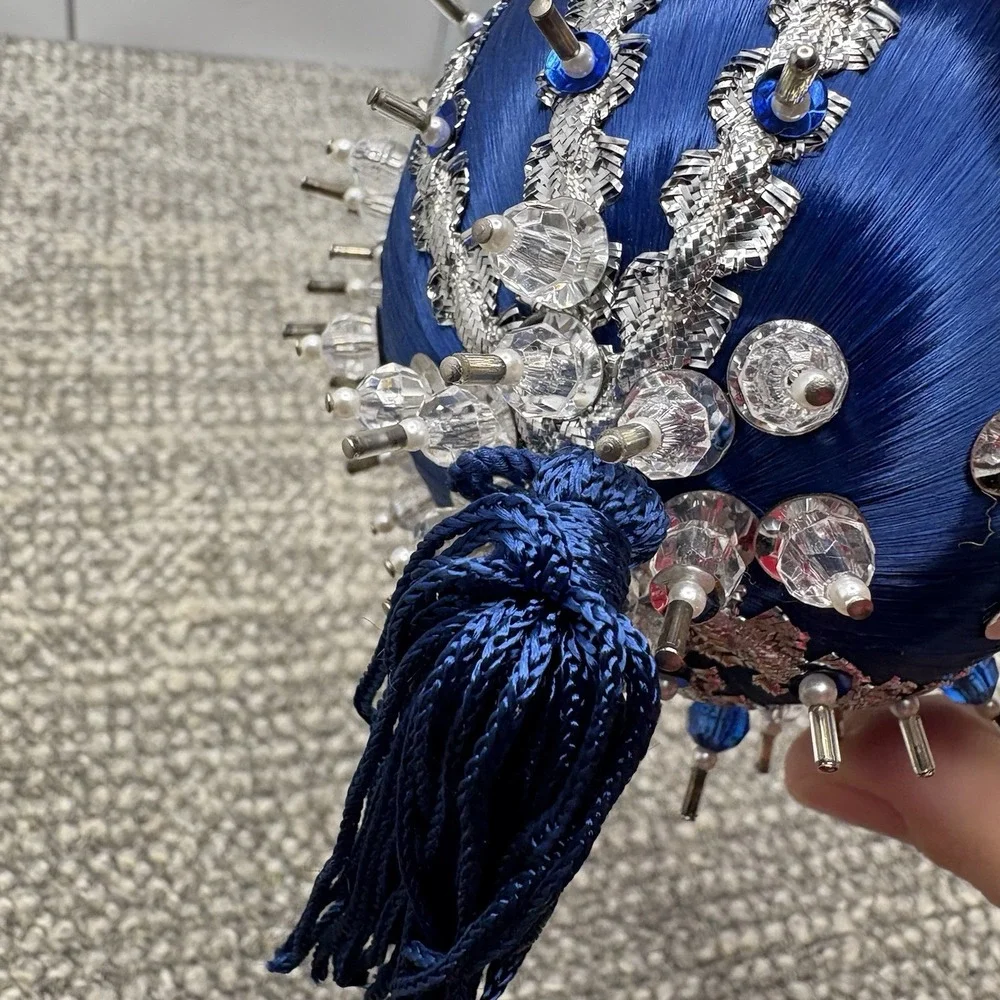 Vtg Silky Blue Christmas Ornament ‎ Pin Satin Beaded With Tassel Unique